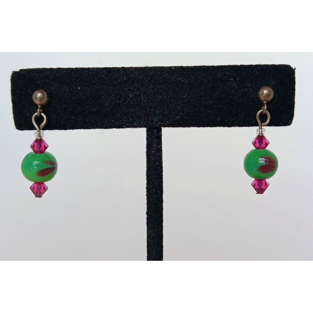 Sterling Silver Green & Purple Glass Dangle Earrings 1 in